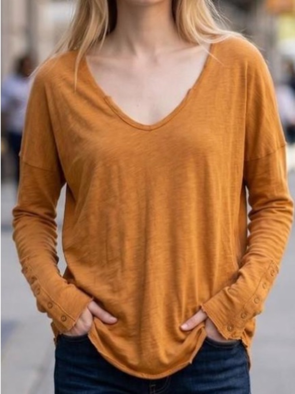Free People Orange Brown Long Sleeve Top M Cotton Blend Button Sleeve Detail